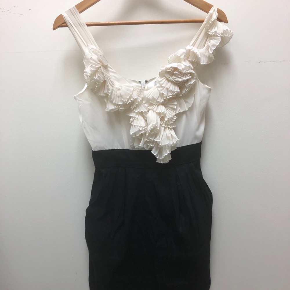 Black and white ruffled dress.